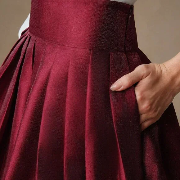 Burgundy Elegant Women's High Waisted Puff Princess Style Skirt Maxi